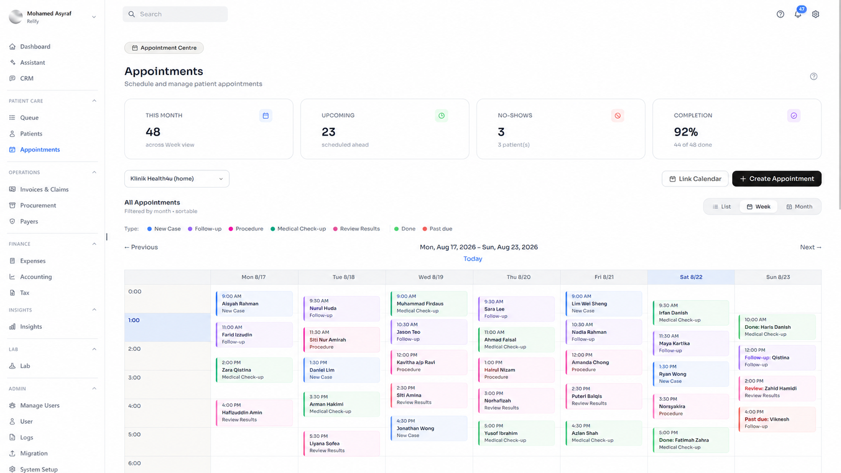 Relify appointments weekly calendar with populated appointment data