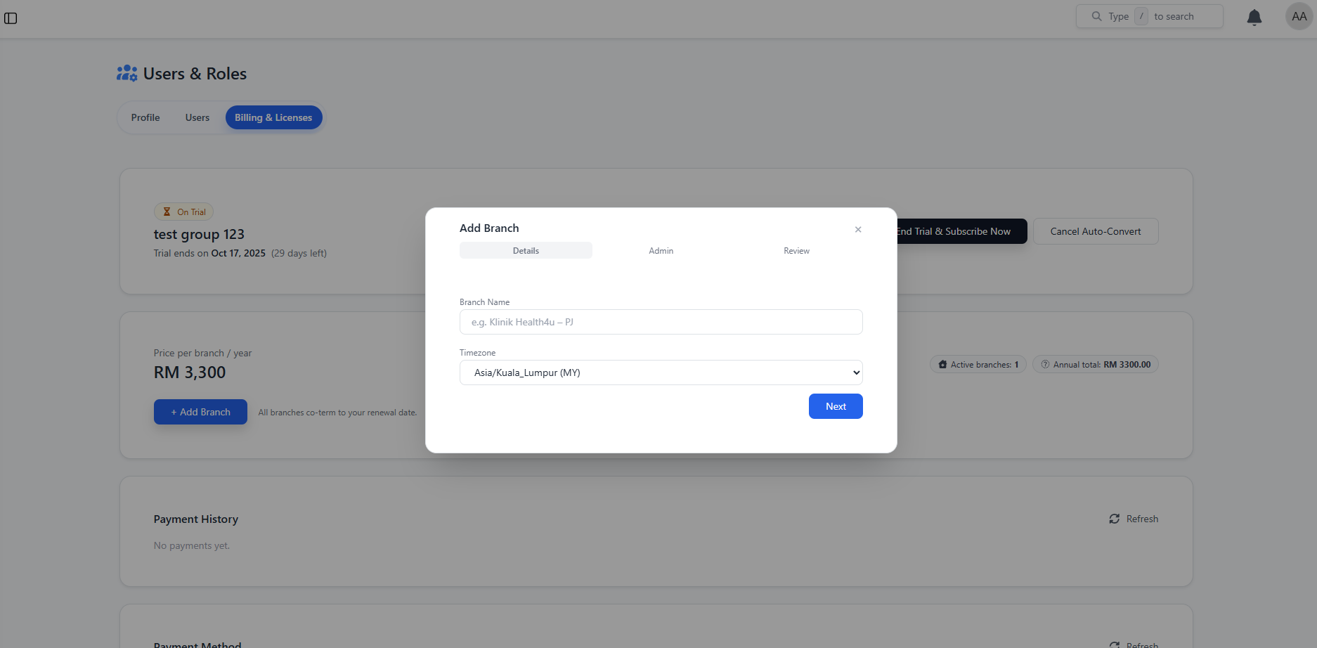 Trial Setup and Admin Creation