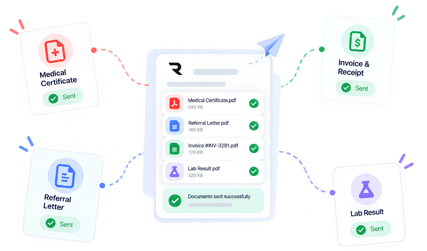 Relify document delivery illustration showing clinic documents sent to patients