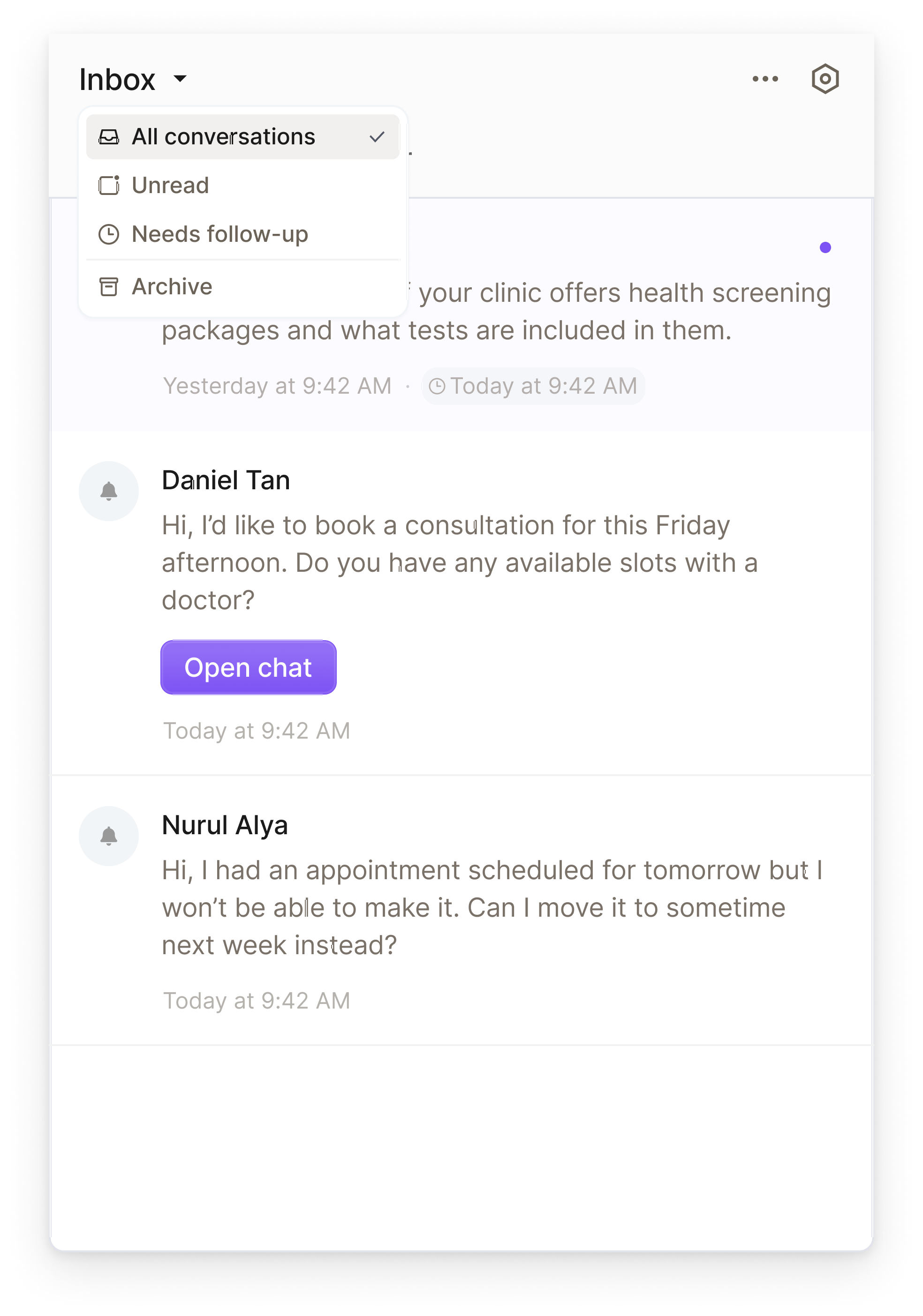Relify CRM patient inbox